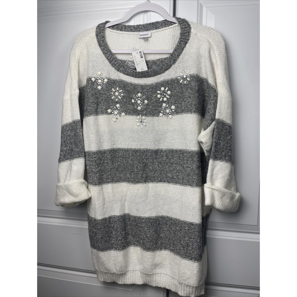 Avenue Plus Size 18/20 Striped Jeweled Embellished Sweater NWT Womens 3/4 Sleeve